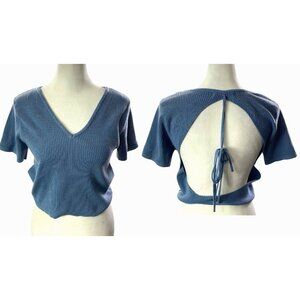 ASTER Women Open‎ Back Crop Short Sleeve Ribbed V Neck Top Sz L Blue Beach 1-15